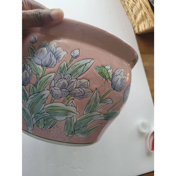 Vintage Chinese porcelain Planter or fish bowl pot hand painted flowers - Picture 4 of 7